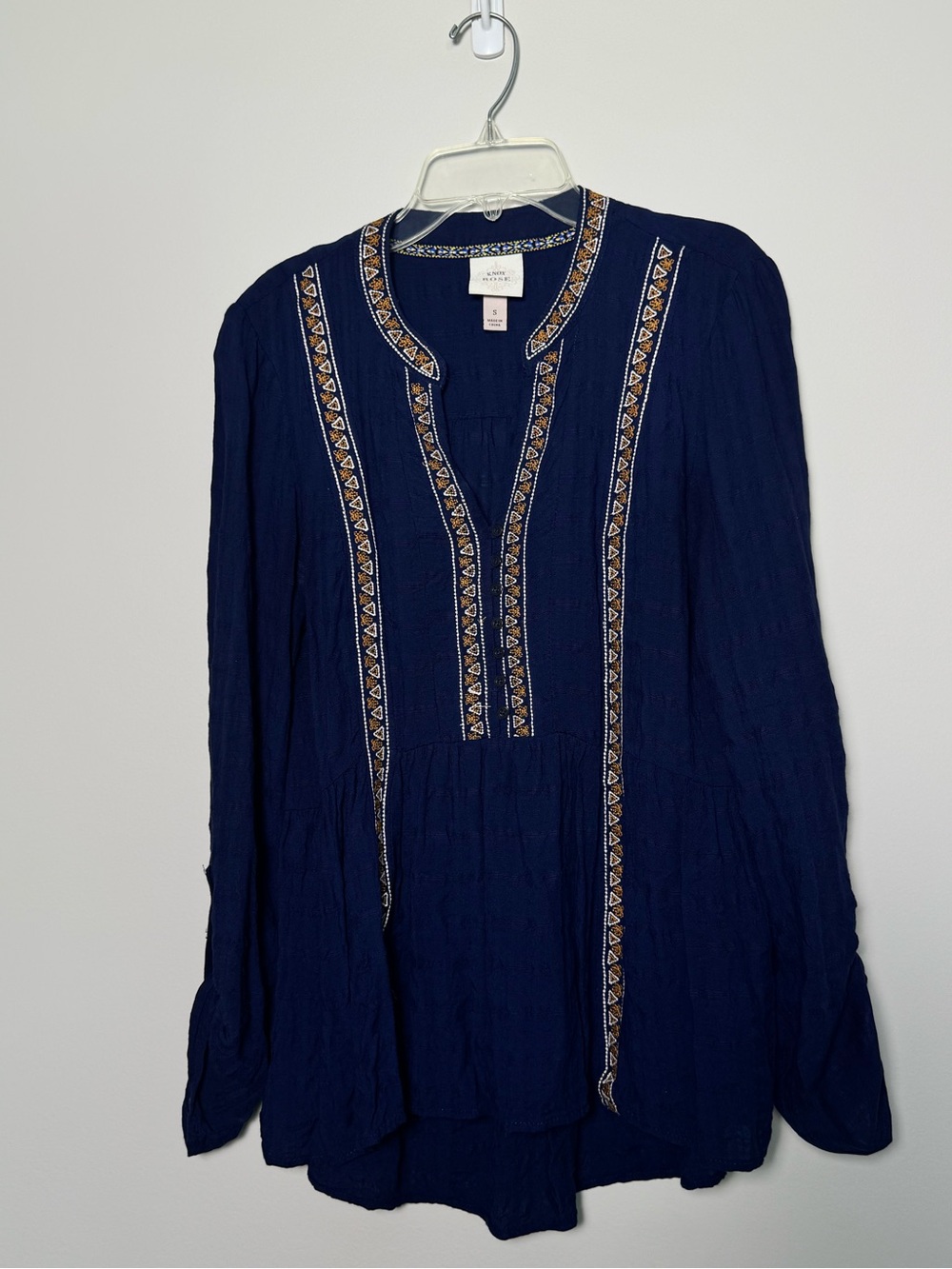 Knox Rose Navy Long-Sleeve Embroidered Peasant Top Boho Size S Adjustable Sleeve